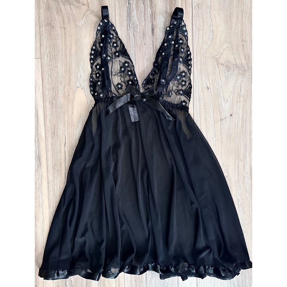 VS Lace Sequin Mesh Babydoll Slip Dress 1X Coquette Going Out Dark Romantic Y2K